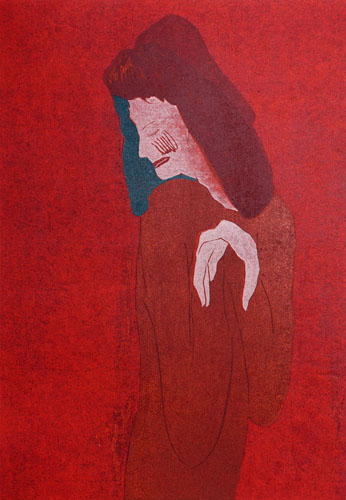 横山貞二　「手をかさねる女」　2005　木版　39×27cm　ed. 20
YOKOYAMA Teiji, "A Woman Laying One Hand Upon Another", 2005, woodcut
